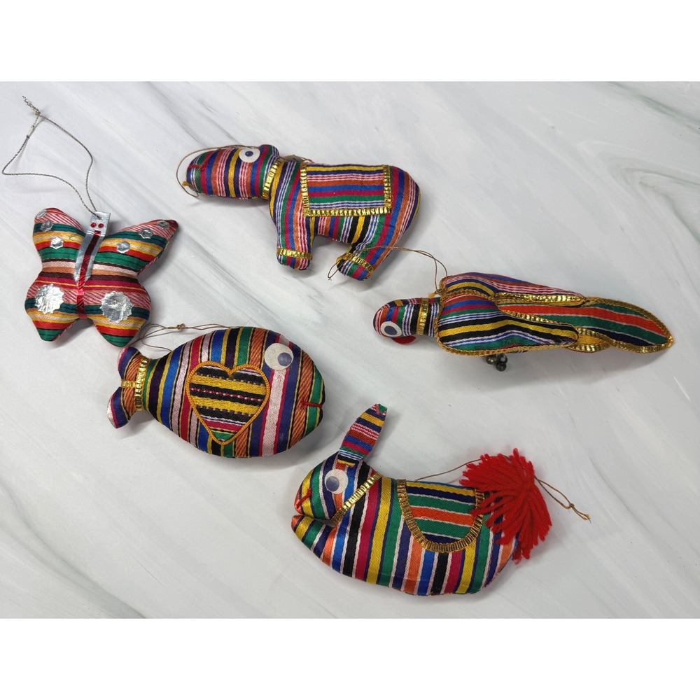 Vintage Rajasthani India Satin Silk Animal Ornaments Set of 5 Colorful Striped